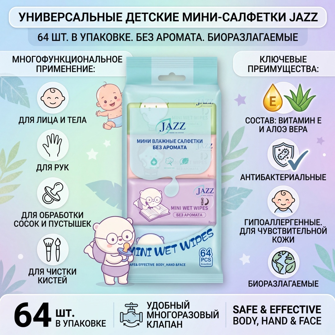 Детские влажные салфетки JAZZ Mini Wet Wipes 64 шт