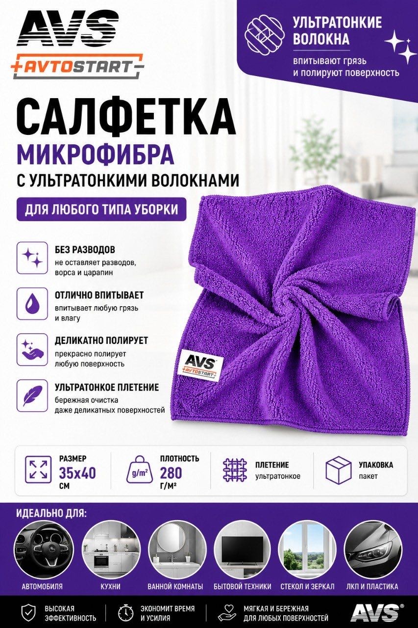 AVS Салфетка из микрофибры с ультратонкими волокнами 35х40 см. MF-6115